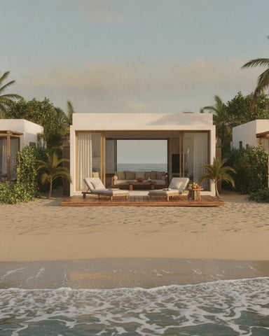 Modern white beach pavilion with ocean view, lounge seating, and palm trees on sandy shore
