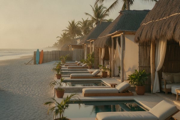 Row of beachfront bungalows with thatched roofs, private pools, lounge chairs, and palm trees at sunset.