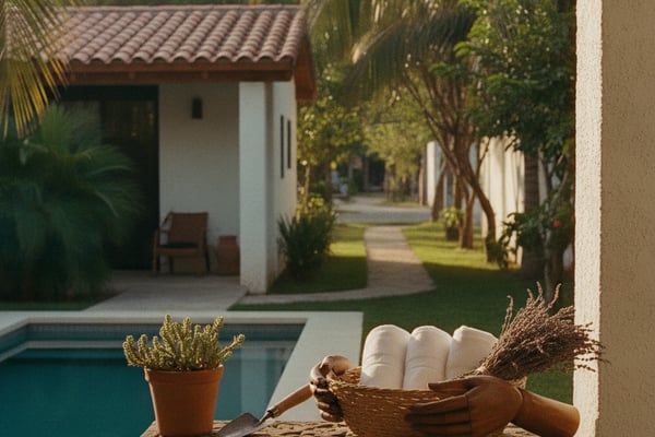 Stone bench with potted cactus and woven basket overlooking pool, palm trees, and white colonial-style buildings