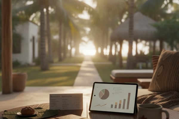 Workspace on wooden table with tablet displaying charts, notebook, and coffee mug overlooking palm-lined courtyard at sunset