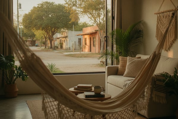 Sunlit room with hammock and chair overlooking colonial street with terracotta buildings and trees