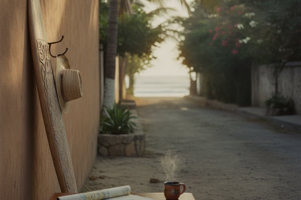 Tropical alleyway with straw hat on wall, map and sandals on wooden table, ocean view ahead
