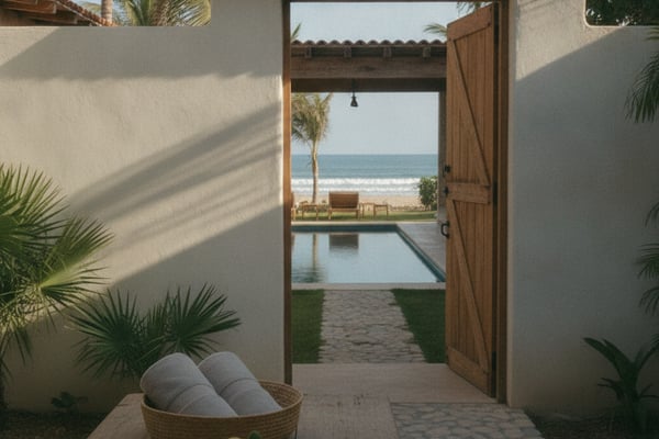 Coastal villa entryway with open wooden door framing pool, beach, and ocean view beyond